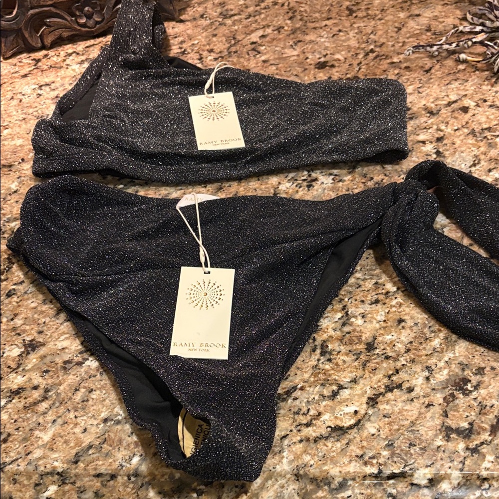 Ramy Brook Black Shimmer Fabric one shoulder swimsuit